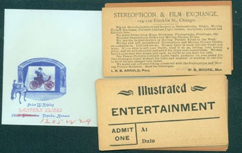 Item #63-7380 Tickets for Stereopticon & Film Exchange, 104 - 110 Franklin St., Chicago. Stereopticon, Film Exchange, IRB Arnold, WB Moore, Chicago.