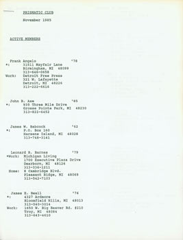 Item #63-7430 Prismatic Club, List of Active Members from November 1985. Prismatic Club, Detroit