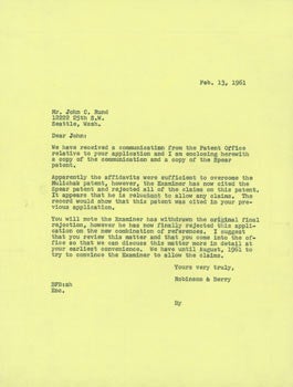 Item #63-7681 Carbon Copy of TLS Robinson & Berry Law Firm to John C. Rund, Feb. 13, 1961....