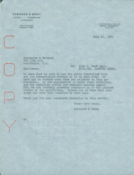 Item #63-7682 Copy of TLS Robinson & Berry Law Firm to Shoemaker & Mattare, July 21, 1961....