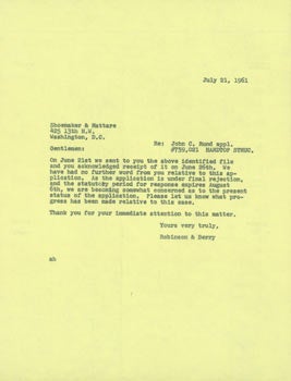 Item #63-7684 Carbon Copy of TLS Robinson & Berry Law Firm to Shoemaker & Mattare, July 21, 1961....