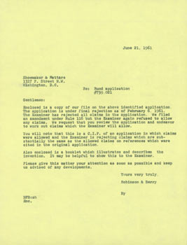 Item #63-7685 Carbon Copy of TLS Robinson & Berry Law Firm to Shoemaker & Mattare, June 21, 1961....