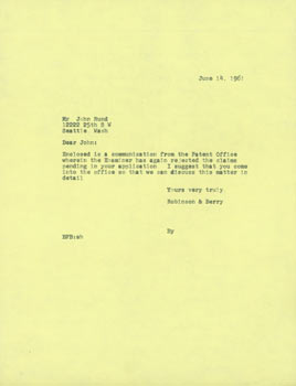 Item #63-7686 Carbon Copy of TLS Robinson & Berry Law Firm to John C. Rund, June 14, 1961....
