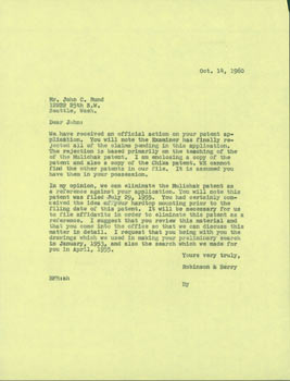 Item #63-7692 Carbon Copy of TLS Robinson & Berry Law Firm to John C. Rund, October 14, 1960....