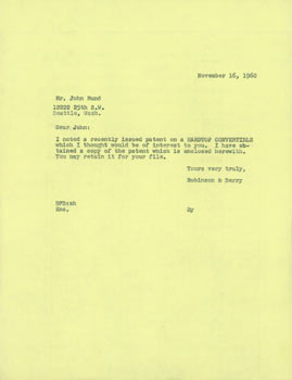 Item #63-7695 Carbon Copy of TLS Robinson & Berry Law Firm to John C. Rund, November 16, 1960. Robinson, Berry, WA Seattle.