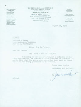 Item #63-7696 TLS Shoemaker & Mattare to Robinson & Berry Law Firm, August 18, 1961. Shoemaker, Mattare, DC Washington.