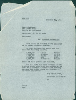 Item #63-7697 Copy of TLS Shoemaker & Mattare to Cook & Robinson Law Firm, December 31, 1952. Shoemaker, Mattare, DC Washington.