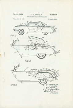 Item #63-7712 Patent Paperwork for A. G. Spear, Jr. Retractable Rigid Automobile Top. Patent...