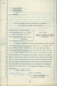 Item #63-7758 Legal Papers (Tcc) related to the estate of W. C. Fields, March 13, 1956. Superior Court of the State of California in, for the County of Los Angeles, Millsap, Attorneys for Trustee Schaumer.