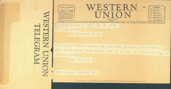 Item #63-7778 Western Union Telegram from Magda Michael to Mrs. Adel Smith, informing her of the death of her brother, W. C. Fields. Magda Michael, Adel Smith.