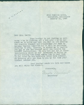 Item #63-7779 TLS from Magda Michael to Mrs. Adel Smith, RE: her brother, W. C. Fields. Magda...