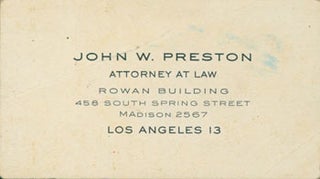 Item #63-7785 Business Card for John W. Preston, attorney for Adel Smith (sister of WC Fields)....