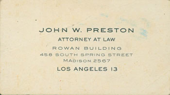 Item #63-7785 Business Card for John W. Preston, attorney for Adel Smith (sister of WC Fields). John W. Preston, CA Los Angeles.