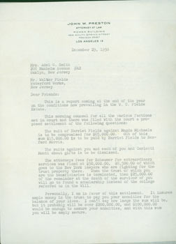 Item #63-7796 TLS from John Preston to Adel Smith, related to the Estate of WC Fields. John W....