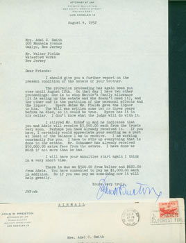 Item #63-7801 TLS from John Preston to Adel Smith, related to the Estate of WC Fields. August 4,...