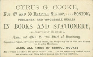 Item #63-7895 Business Card for Cyrus G. Cooke, Publisher, and Wholesale Dealer In Books and...