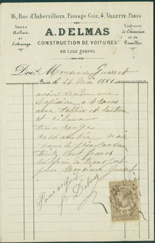 Item #63-8144 Receipt from A. Delmas (16 Rue De Aubervilliers, Paris) to M. Guerret, 24 May, 1881. A. Delmas, Paris 16 Rue De Aubervilliers.