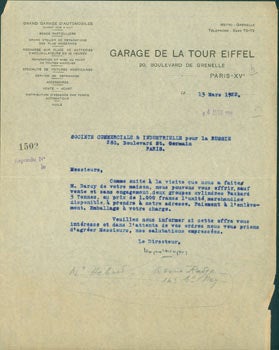 Item #63-8148 Receipt from Garage de La Tour Eiffel (20 Boulevard de Grenelle, Paris) to Societe...