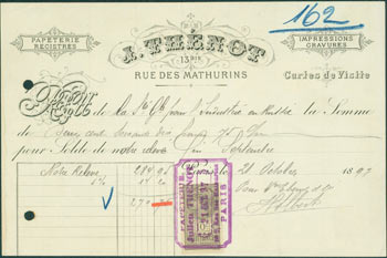 Item #63-8154 Receipt from Julien Thenot (13 Rue Des Mathurins, Paris) 21 October, 1897. Julien Thenot, Paris 13 Rue Des Mathurins.