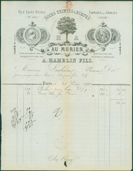 Item #63-8157 Receipt from A. Hamelin Fils (144 Rue St. Denis, Paris) to M. Sachevrel, 25 Fevrier, 1874. A. Hamelin Fils, Paris 144 Rue St. Denis.