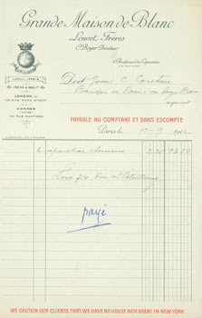 Item #63-8160 Receipt from Grande Maison de Blanc (6 Boulevard des Capucines, Paris). to M. Couture, Sept. 19, 1912. Grande Maison de Blanc, Paris 6 Boulevard des Capucines.