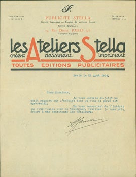 Item #63-8162 TLS from Publicite Stella (29 Rue Drouot, Paris), 27 Aug., 1924. Publicite Stella,...