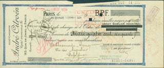 Item #63-8163 Bank Cheque from Societe Anonyme Andre Citroen (143 Quai de Javel, Paris). 14 Mar.,...
