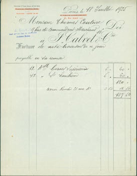 Item #63-8165 Receipt for wine purchased from J. Calvet & Cie (13 Rue Auber, Paris) to M. Thomas...