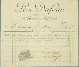 Item #63-8167 Receipt from Leon Dufour, Chapelier (16 Boulevard Malesherbes, Paris). 5 June,...