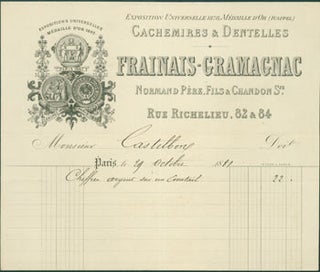 Item #63-8172 Receipt from Frainais-Gramagnac, Normand Pere (82 & 84 Rue Richelieu, Paris) to M....