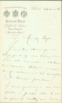 Item #63-8173 ALS from Auguste Petit (7 Rue de la Paix, Paris) to M. [Tazon], 14 Aug, 1880....