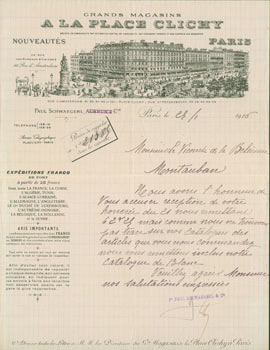 Item #63-8174 ALS from Paul Schwaegerl of Grand Magasins A La Place Clichy (99 Rue D'Amsterdam, Paris) to M. Viconte de la Beleissee January, 1916. Grand Magasins A. La Place Clichy, Paris 99 Rue D'Amsterdam.