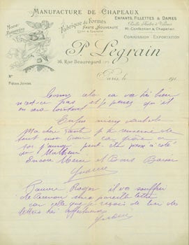 Item #63-8179 ALS from P. Legrain (16 Rue Beauregard, Paris), Feb. 27, 1918. P. Legrain, Paris 16...