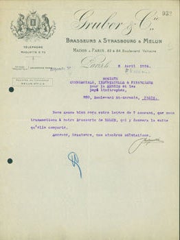 Item #63-8185 TLS from Gruber & Cie (82 & 84 Boulevard Voltaire, Paris) to Societe Financiere...