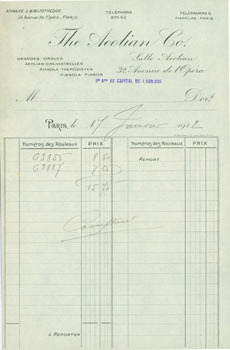 Item #63-8187 Receipt from The Aeolian Co. (32 Avenue de L'Opera, Paris). 17 Jan., 1912. The...