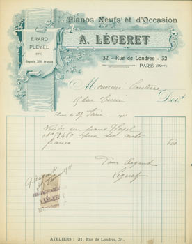 Item #63-8188 Receipt from A. Legeret (32 Rue de Londres, Paris) to M. Couture (9 Rue Commandant Marchand, Paris). 1911. A. Legeret, Paris 32 Rue de Londres.