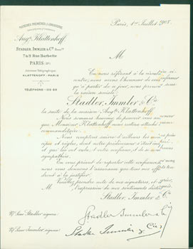 Item #63-8193 Printed letter from Stadler, Immler & Cie (7 & 9 Rue Barbette, Paris). 1 July,...