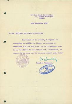Item #63-8195 TLS from the Squadron Commander of the British Naval Air Station to give M. Caproni a pass to "carry out his business without undue delay." September 13, 1915. British Naval Air Station Squadron Commander, Paris, Metropolitan Police, Service De L'Aviation Navale Anglaise Le Directeur.