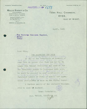 Item #63-8196 TLS from Wallis, Riddett & Co. to The Society Italiana Caproni. April, 1929. Re:...