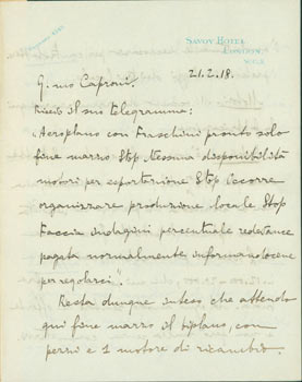 Item #63-8197 ALS from Pietro Sella to Gianni Caproni, February 21, 1918. Pietro Sella.