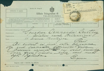 Item #63-8199 ALS Telegram Gianni Caproni to Squadron Commander Courtney, August 3, 1915. Gianni Caproni.