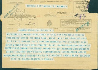 Item #63-8200 Telegram from Pietro Sella to Gianni Caproni, September 2, 1918. Pietro Sella
