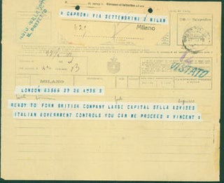 Item #63-8203 Telegram from A. H. Vincent to Gianni Caproni, 1918. A. H. Vincent