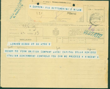 Item #63-8203 Telegram from A. H. Vincent to Gianni Caproni, 1918. A. H. Vincent.