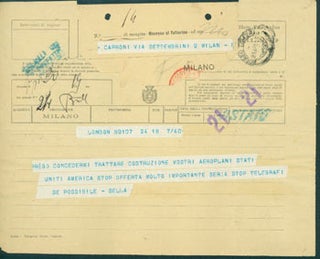 Item #63-8204 Telegram from Pietro Sella to Gianni Caproni, April 21, 1918. Pietro Sella
