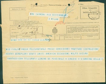 Item #63-8209 Telegram from Pietro Sella to Gianni Caproni, April 21, 1918. Pietro Sella.