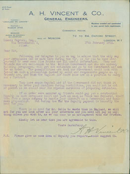 Item #63-8210 TLS from A. H. Vincent to Gianni Caproni, February 27, 1918. A. H. Vincent