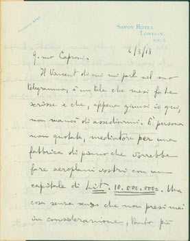 Item #63-8213 ALS from Pietro Sella to Gianni Caproni, April 3, 1918. Pietro Sella