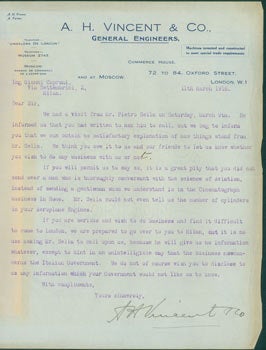 Item #63-8220 TLS from A. H. Vincent to Gianni Caproni, March 11, 1918. Re: Pietro Sella. A. H....