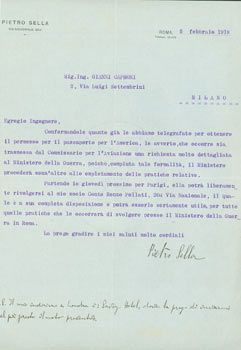 Item #63-8223 TLS from Pietro Sella to Gianni Caproni, February 5, 1918, with MS post script,...